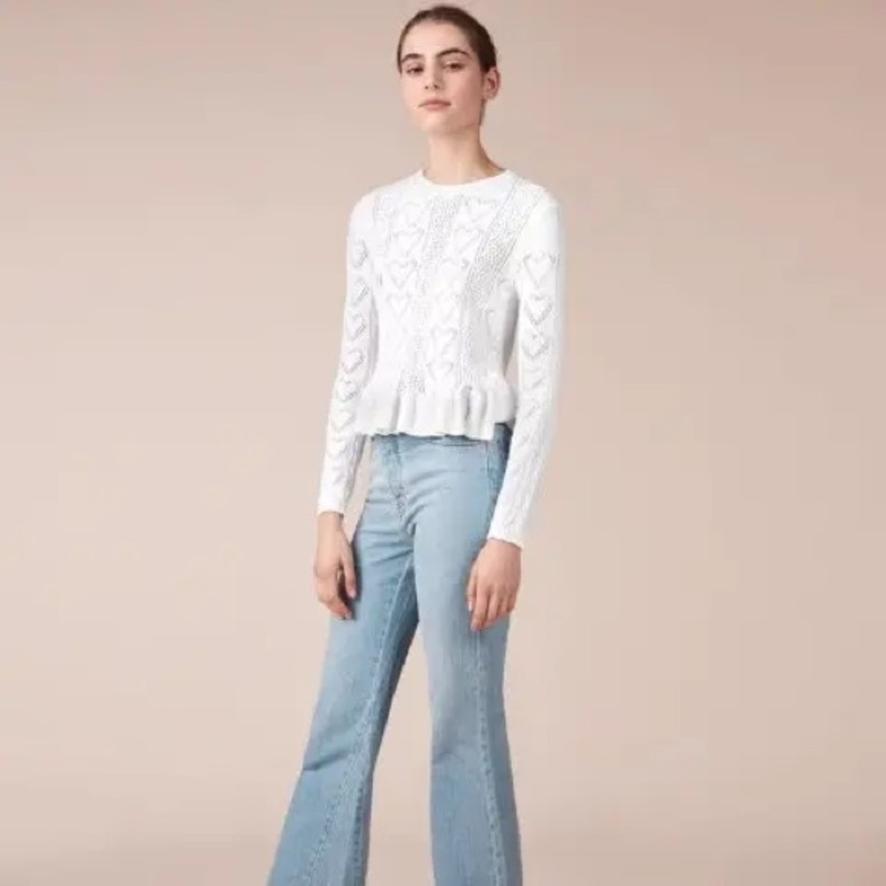 Maje White Ribbed Peplum Sweater with Long Sleeves